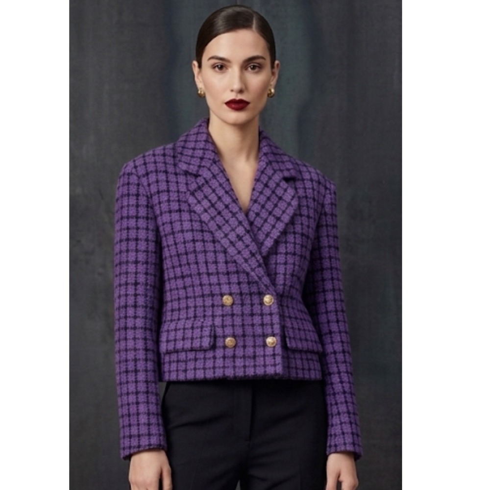 Sandro Paris Plaid Double-Breasted Crop Jacket